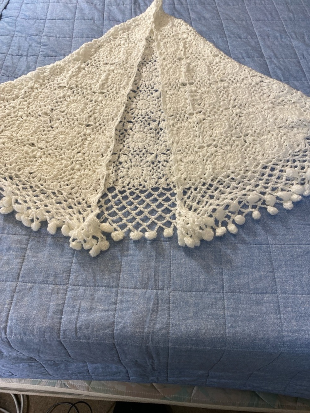 Handmade White Crochet Shawl with Pom Trim